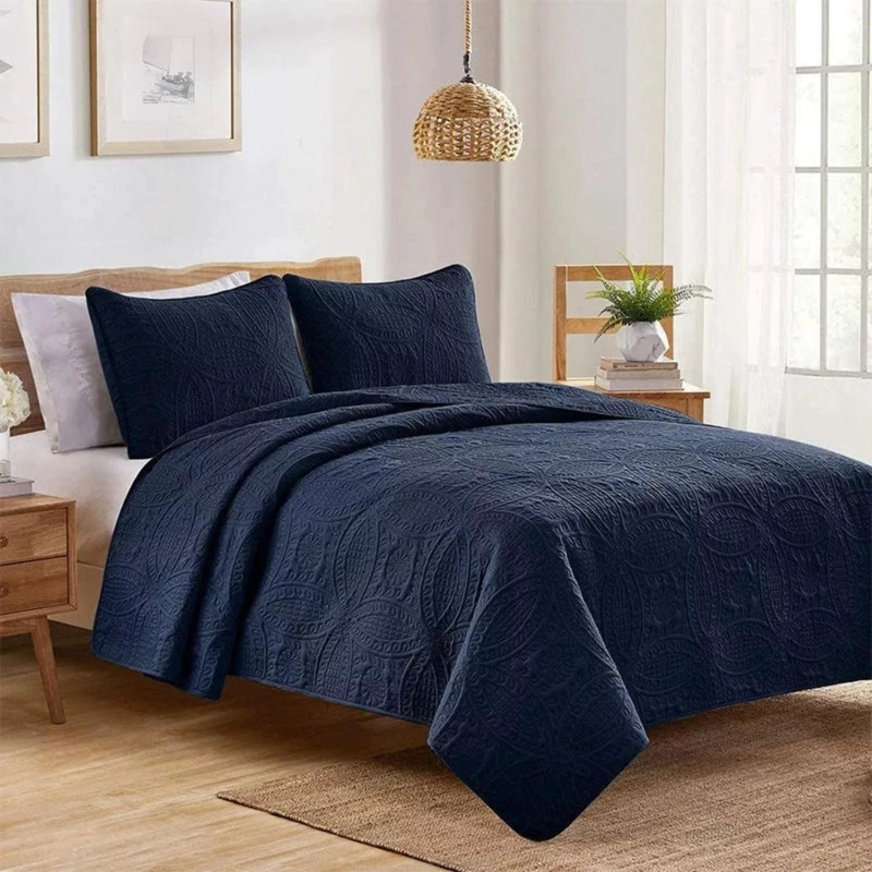 CUBRECAMA IMPORTCLICK AZUL BORDADO QUILT REVERSIBLE QUEEN 228X228 CM MÁS FUNDAS ALMOHADA - 3