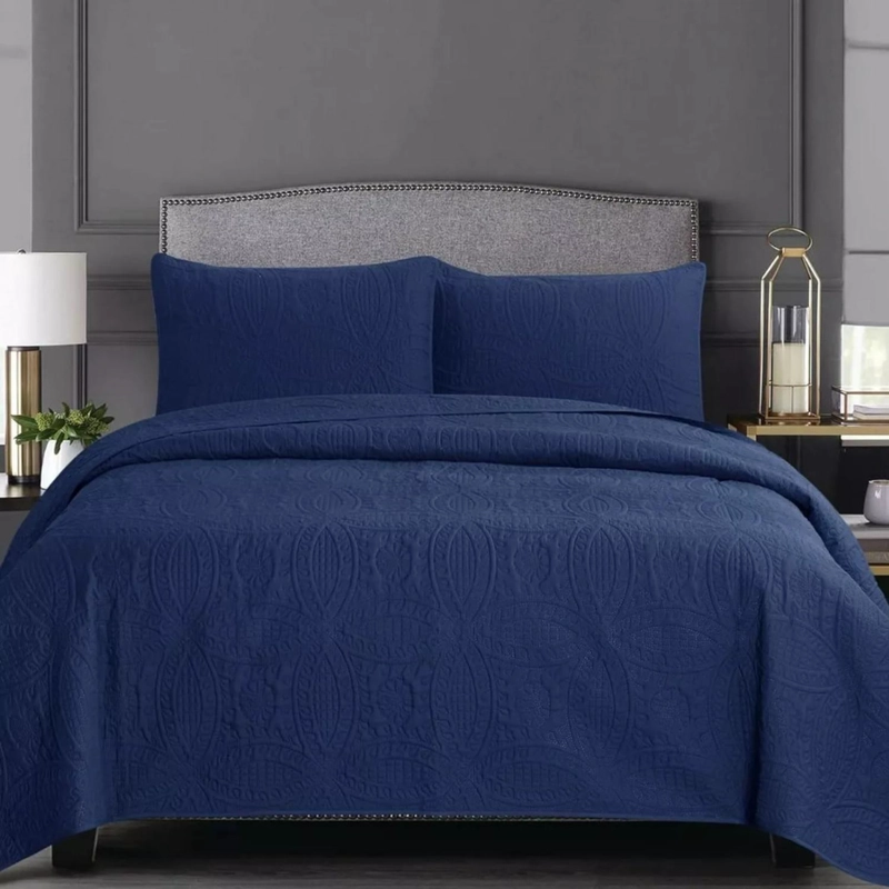 CUBRECAMA IMPORTCLICK AZUL BORDADO QUILT REVERSIBLE QUEEN 228X228 CM MÁS FUNDAS ALMOHADA - 4