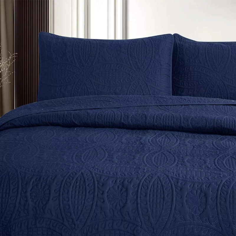 CUBRECAMA IMPORTCLICK AZUL BORDADO QUILT REVERSIBLE QUEEN 228X228 CM MÁS FUNDAS ALMOHADA - 5
