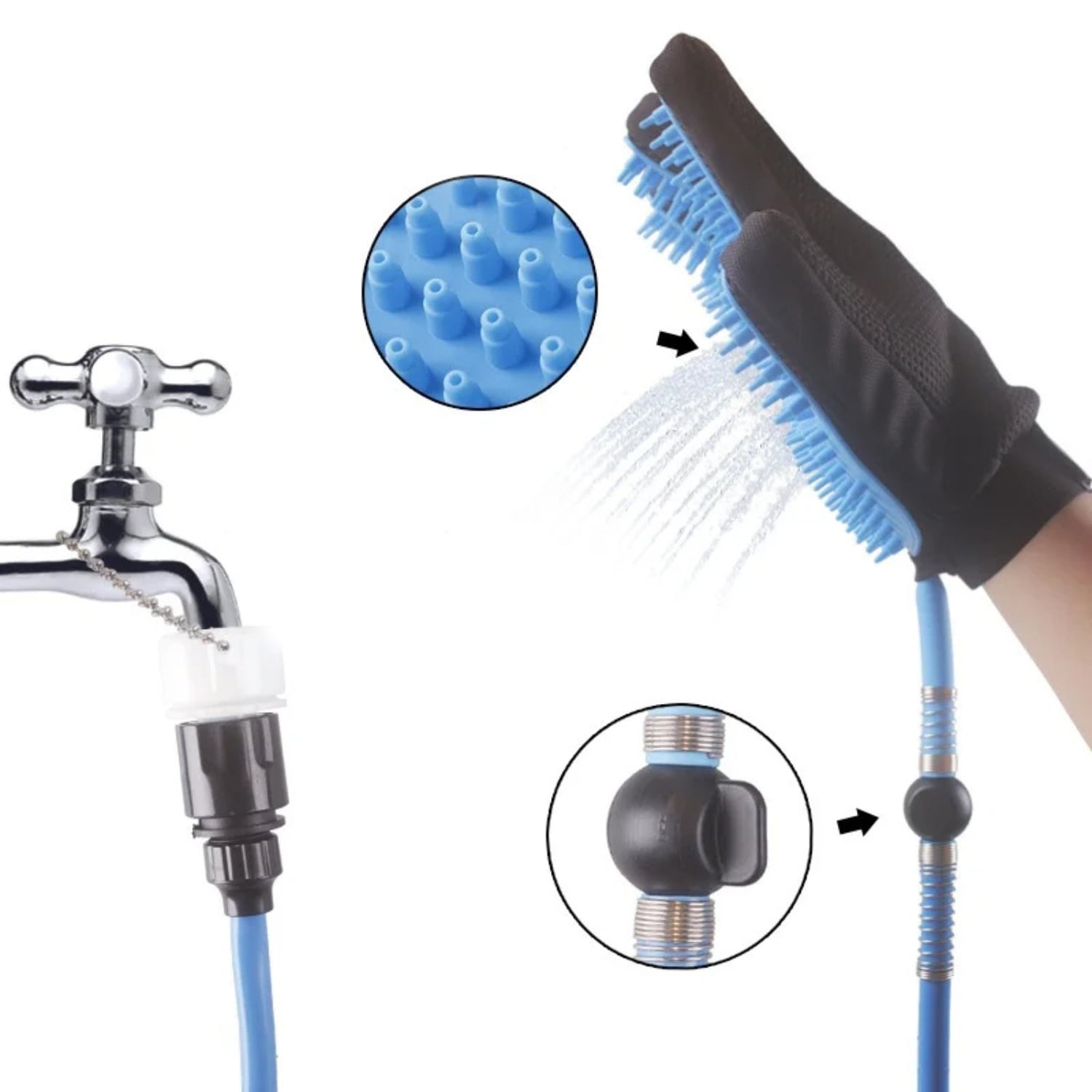 GUANTE DUCHA MASAJEADOR PERROS IMPORTCLICK 2 EN 1 MASCOTAS MANGUERA AZUL - 3