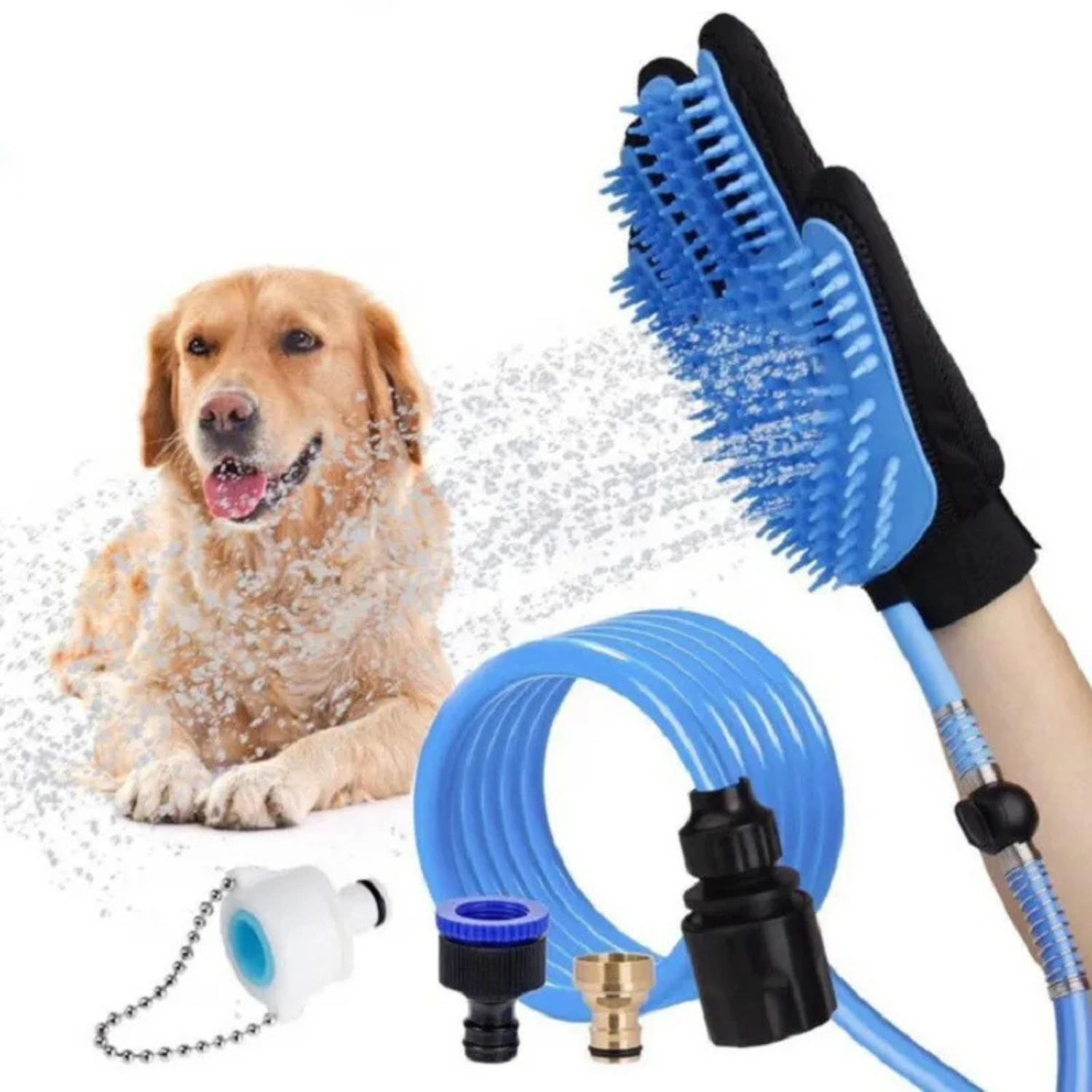 GUANTE DUCHA MASAJEADOR PERROS IMPORTCLICK 2 EN 1 MASCOTAS MANGUERA AZUL - 5