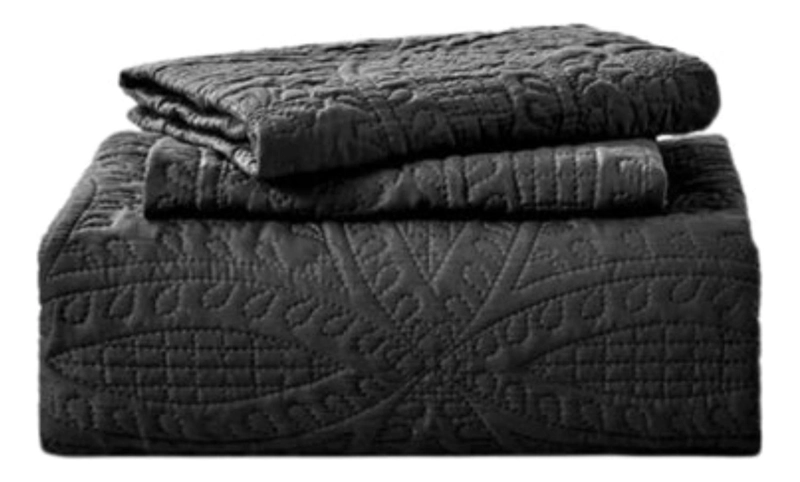 CUBRECAMA IMPORTCLICK NEGRO BORDADO QUILT REVERSIBLE QUEEN 228X228 CM MÁS FUNDAS ALMOHADA - 1