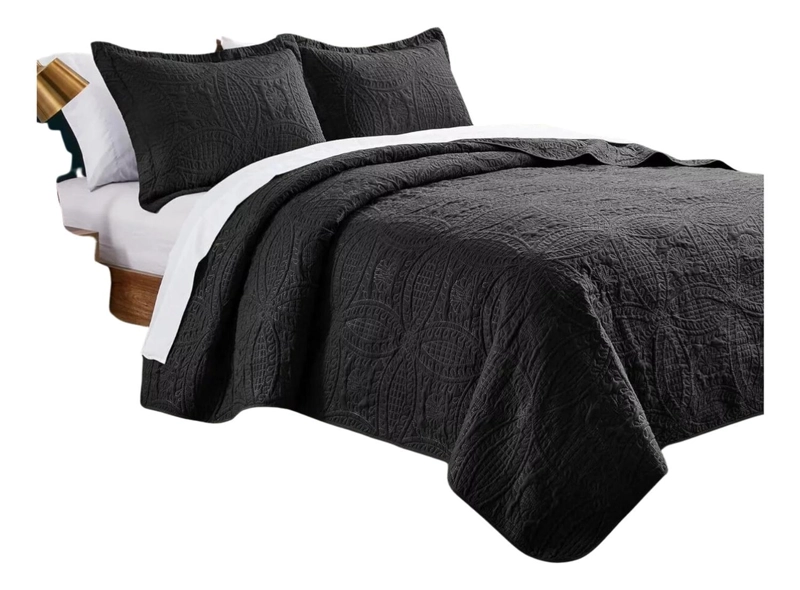 CUBRECAMA IMPORTCLICK NEGRO BORDADO QUILT REVERSIBLE QUEEN 228X228 CM MÁS FUNDAS ALMOHADA - 2