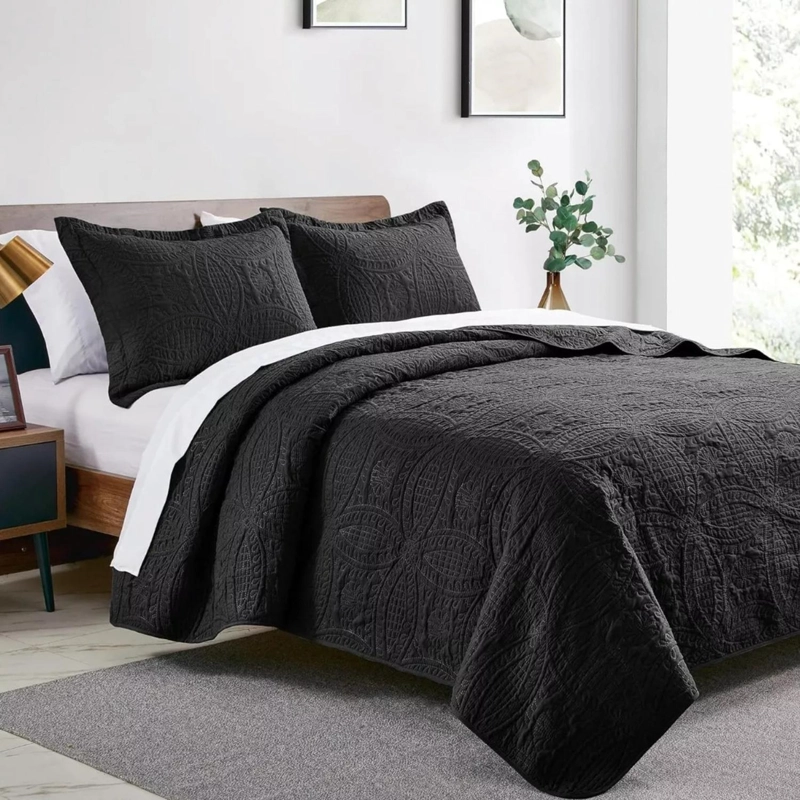 CUBRECAMA IMPORTCLICK NEGRO BORDADO QUILT REVERSIBLE QUEEN 228X228 CM MÁS FUNDAS ALMOHADA - 3