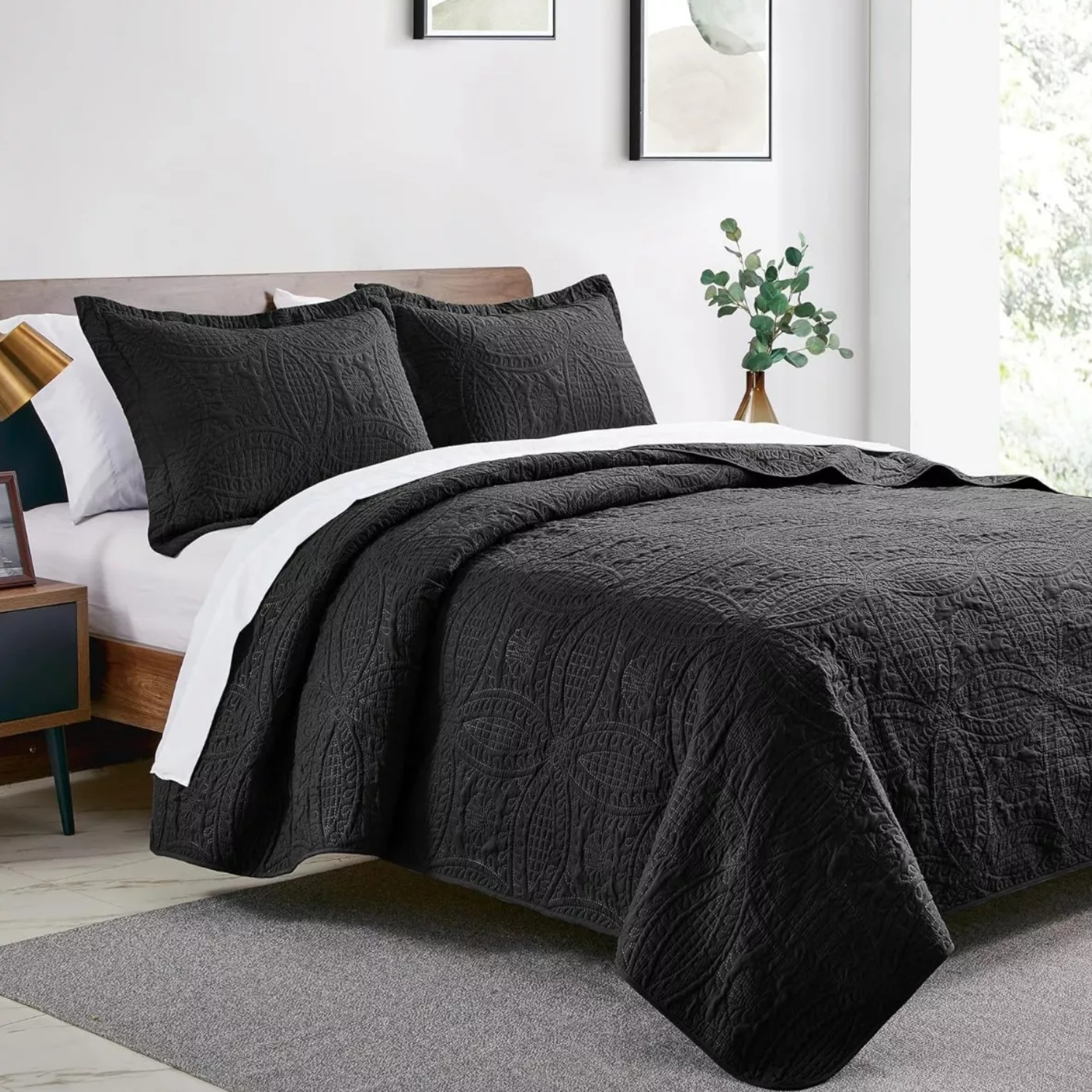 CUBRECAMA IMPORTCLICK NEGRO BORDADO QUILT REVERSIBLE QUEEN 228X228 CM MÁS FUNDAS ALMOHADA - 3
