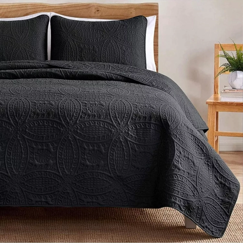 CUBRECAMA IMPORTCLICK NEGRO BORDADO QUILT REVERSIBLE QUEEN 228X228 CM MÁS FUNDAS ALMOHADA - 4