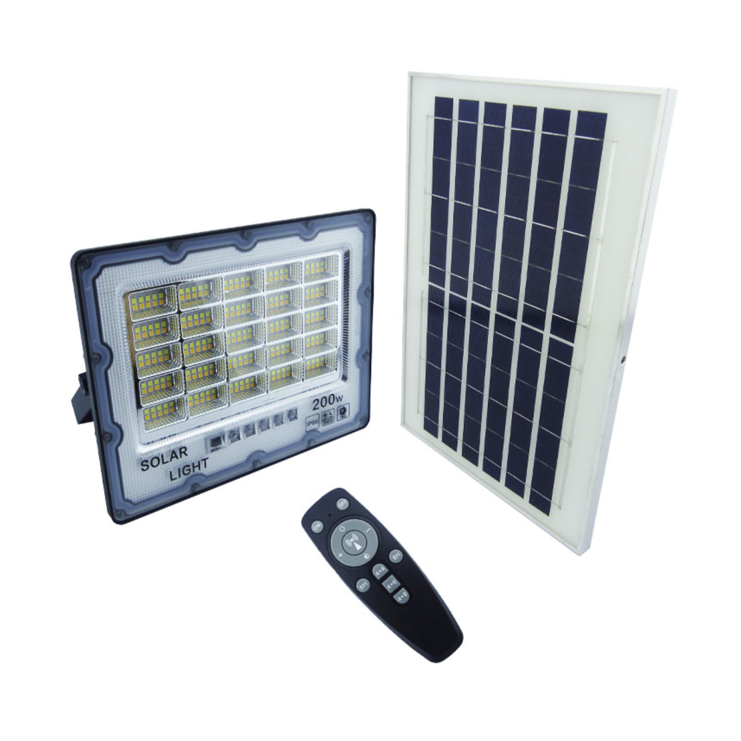 FOCO PROYECTOR SOLAR LED 200 WATT DÚO COLOR PANEL SOLAR 250 LED LUZ CÁLIDA FRÍA CONTROL REMOTO - 1