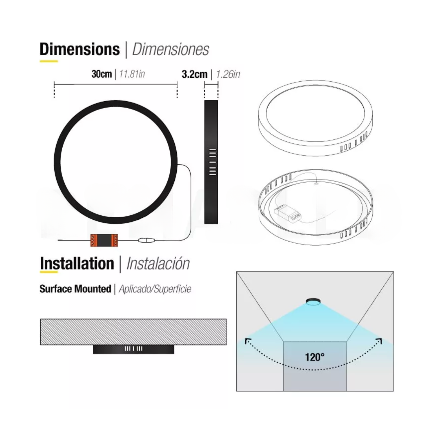 FOCO PANEL LED PLAFÓN SOBREPUESTO REDONDO LUZ CÁLIDA 220V 3000°K NEGRO 30 CM - 4