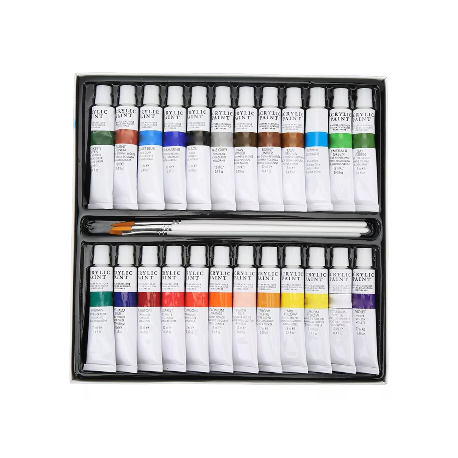 SET IMPORTCLICK 24 PINTURAS ACRÍLICAS COLORES TUBOS 12 ML 3 PINCELES - 1