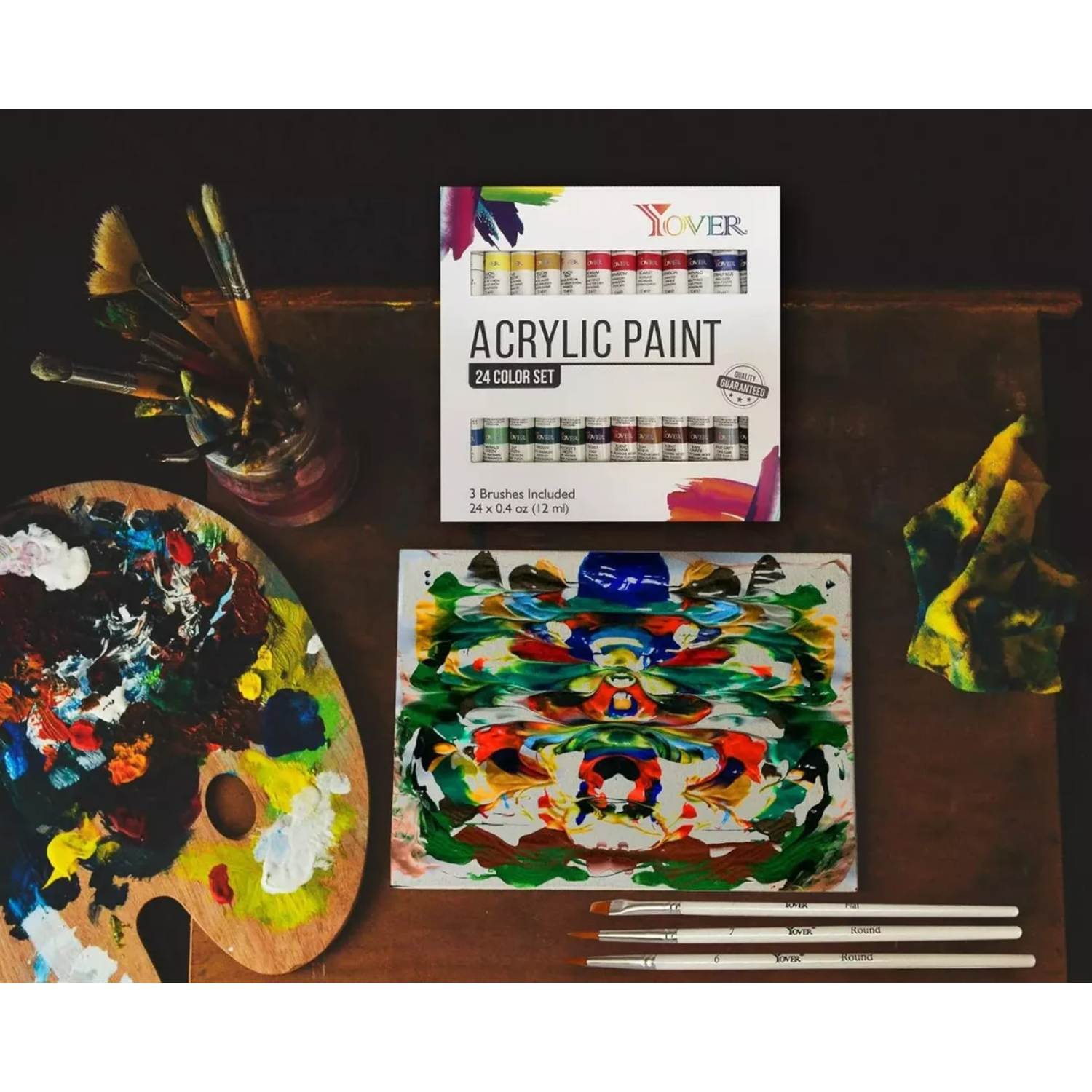 SET IMPORTCLICK 24 PINTURAS ACRÍLICAS COLORES TUBOS 12 ML 3 PINCELES - 5