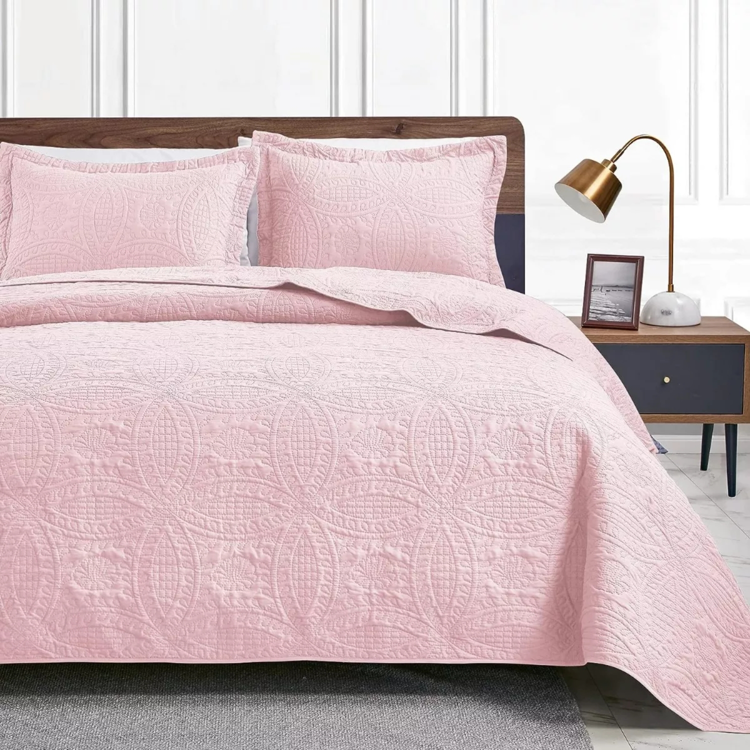 CUBRECAMA IMPORTCLICK ROSA QUILT REVERSIBLE QUEEN 228X228 CM MÁS FUNDAS ALMOHADA BLANCO - 4