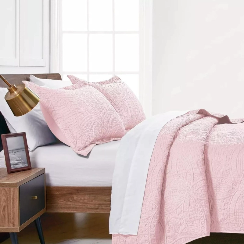 CUBRECAMA IMPORTCLICK ROSA QUILT REVERSIBLE QUEEN 228X228 CM MÁS FUNDAS ALMOHADA BLANCO - 5