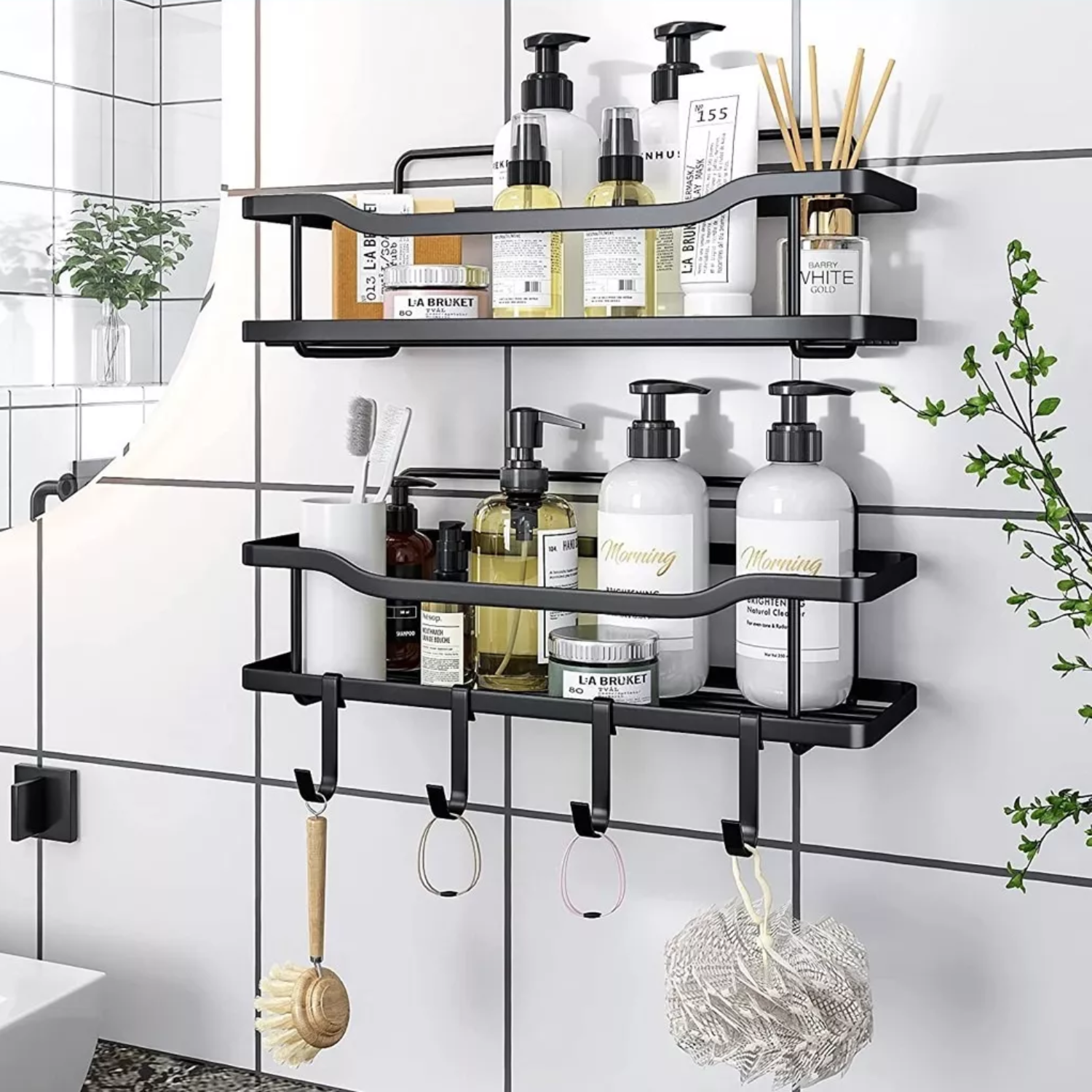 ORGANIZADOR IMPORTCLICK ORGANIZADOR DUCHA BAÑO ADHESIVO 2 REPISAS 13 X 31 X 7.5 CM NEGRO - 5