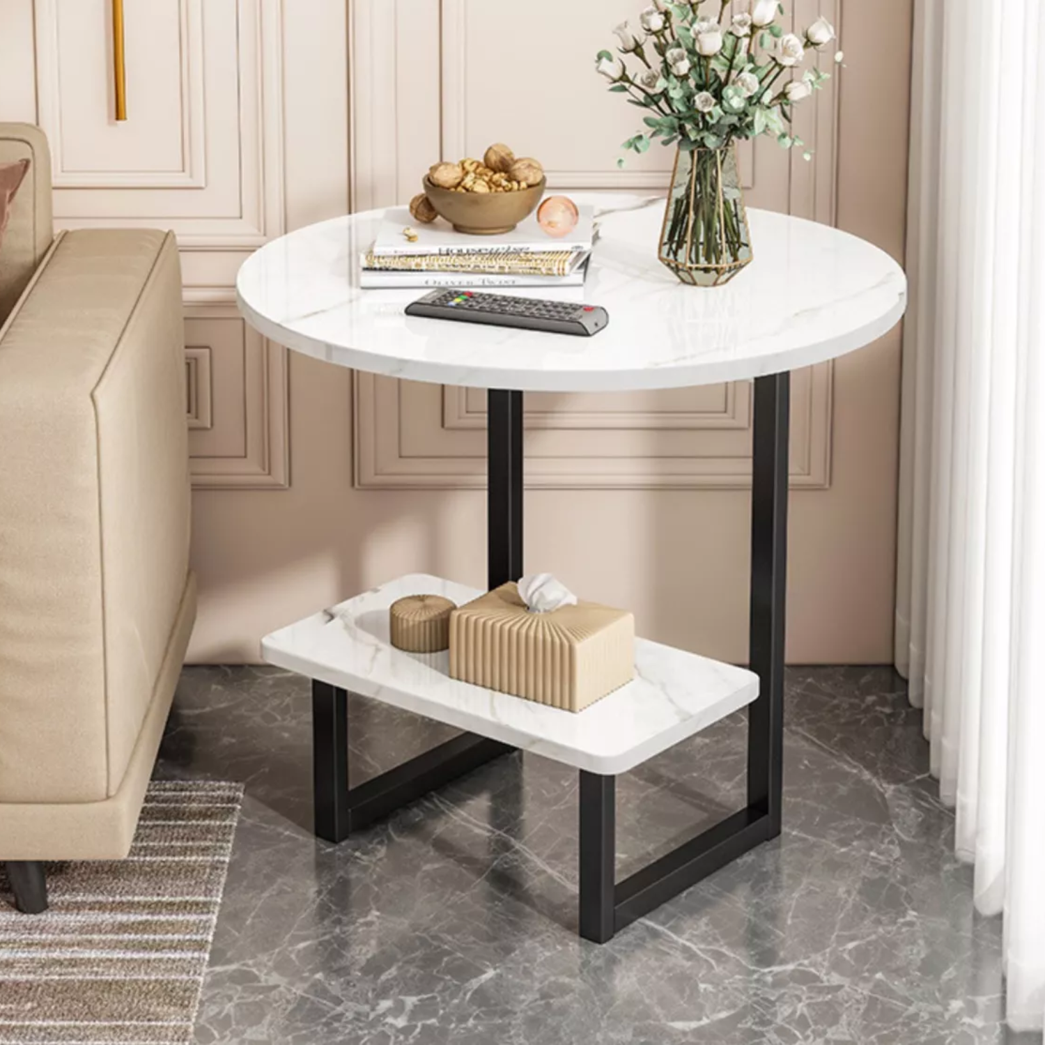 MESA CENTRO IMPORTCLICK REDONDA LIVING HOGAR FIERRO BLANCO MADERA - 5