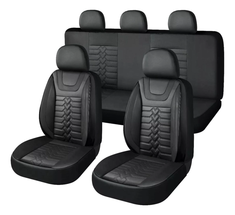 SET FUNDAS CUERO CUBRE ASIENTOS AUTOMOVIL COMPLETO DELUXE NEGRO - 1