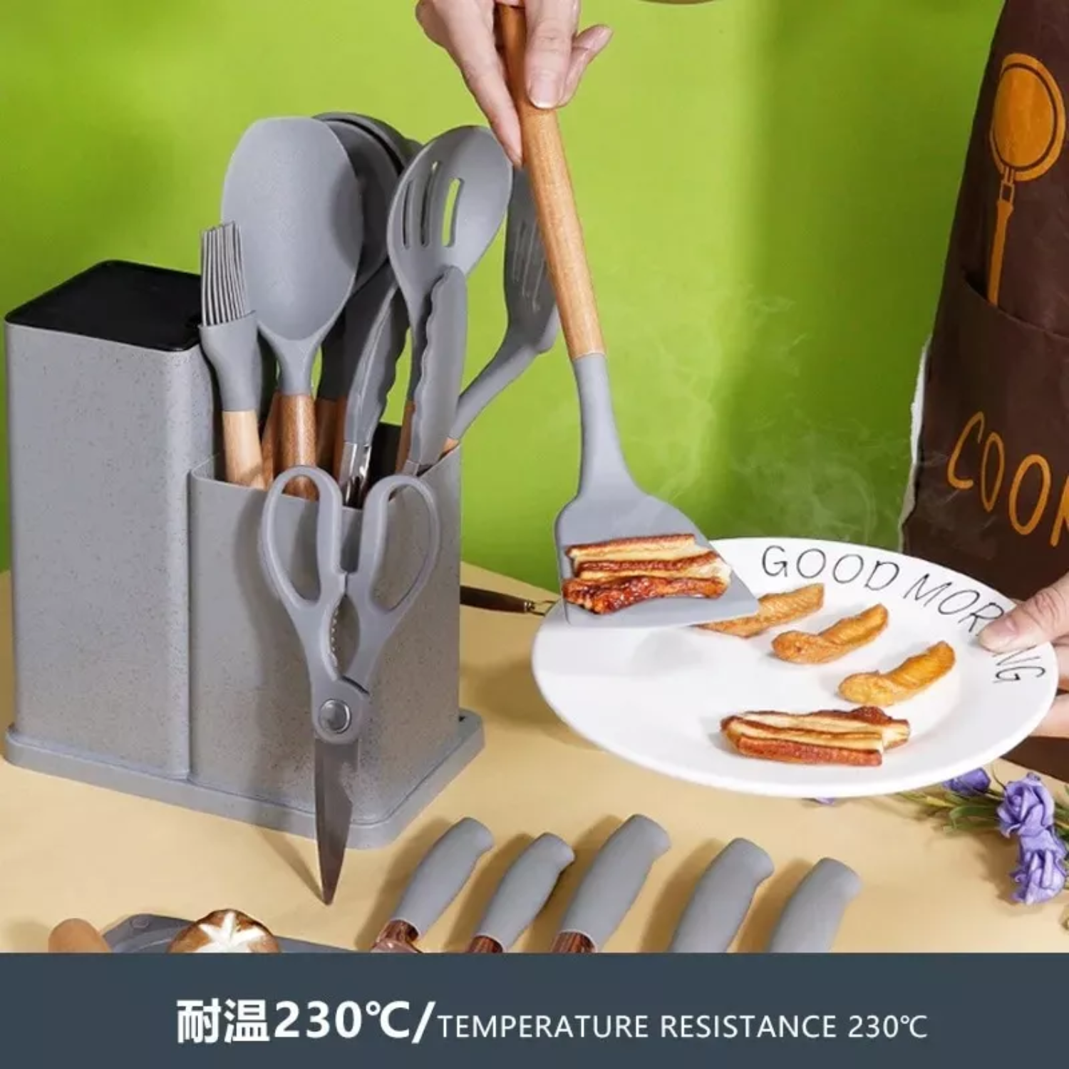 SET 19 UTENSILIOS COCINA SILICONA ACERO INOXIDABLE GRIS - 5
