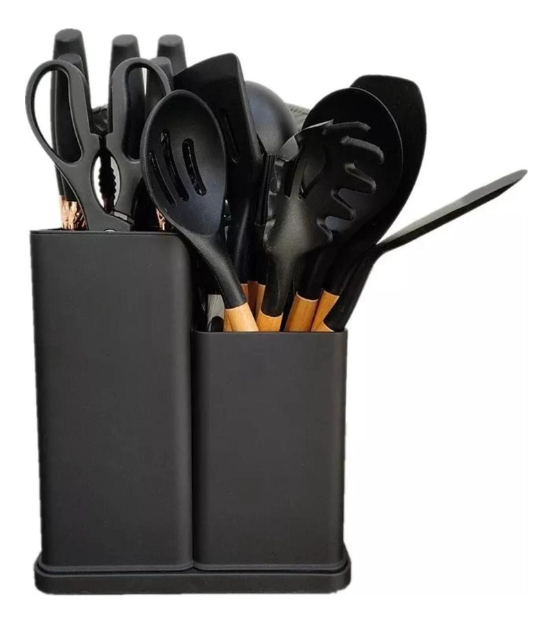 SET 19 UTENSILIOS COCINA SILICONA ACERO INOXIDABLE NEGRO - 1
