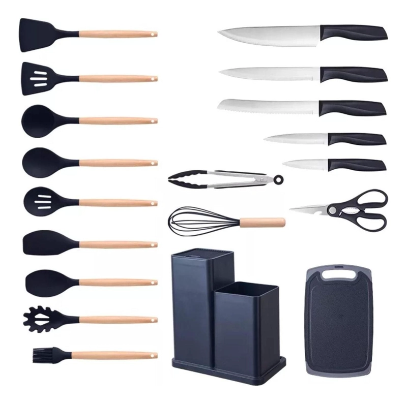 SET 19 UTENSILIOS COCINA SILICONA ACERO INOXIDABLE NEGRO - 2