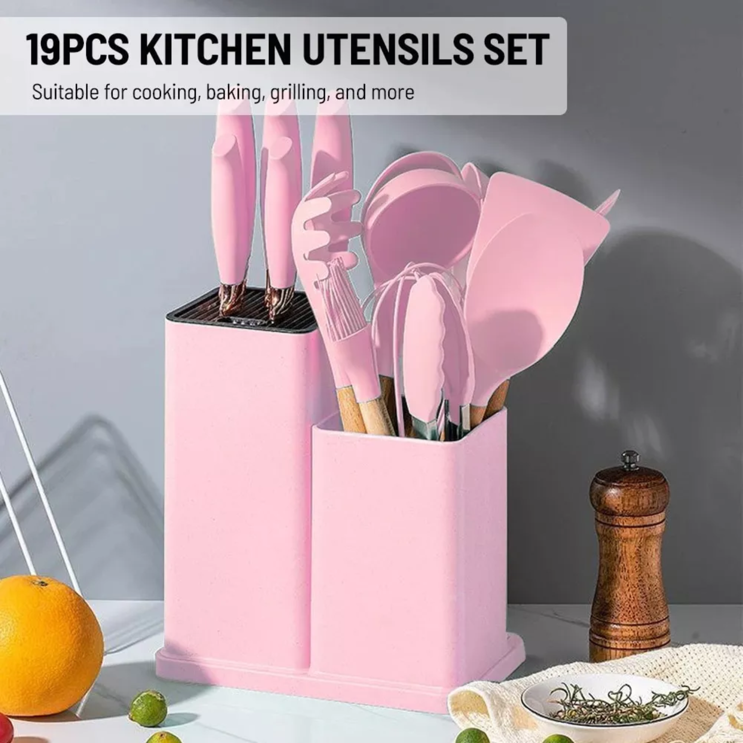 SET 19 UTENSILIOS COCINA SILICONA ACERO INOXIDABLE ROSA - 4