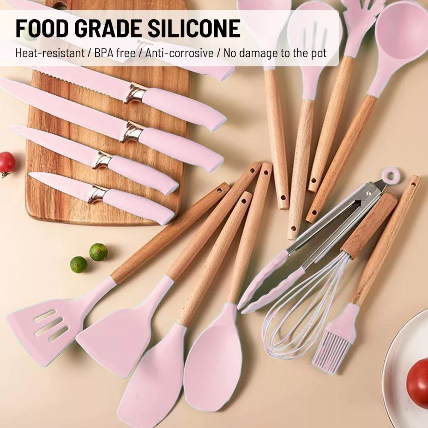 SET 19 UTENSILIOS COCINA SILICONA ACERO INOXIDABLE ROSA - 5