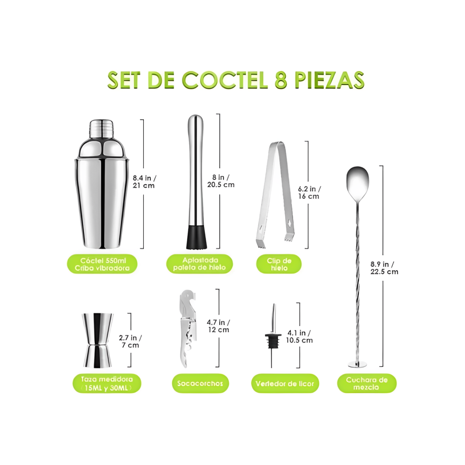KIT JUEGO COCTELERA PROFESIONAL BAR 8 PIEZAS ACERO INOXIDABLE - 3
