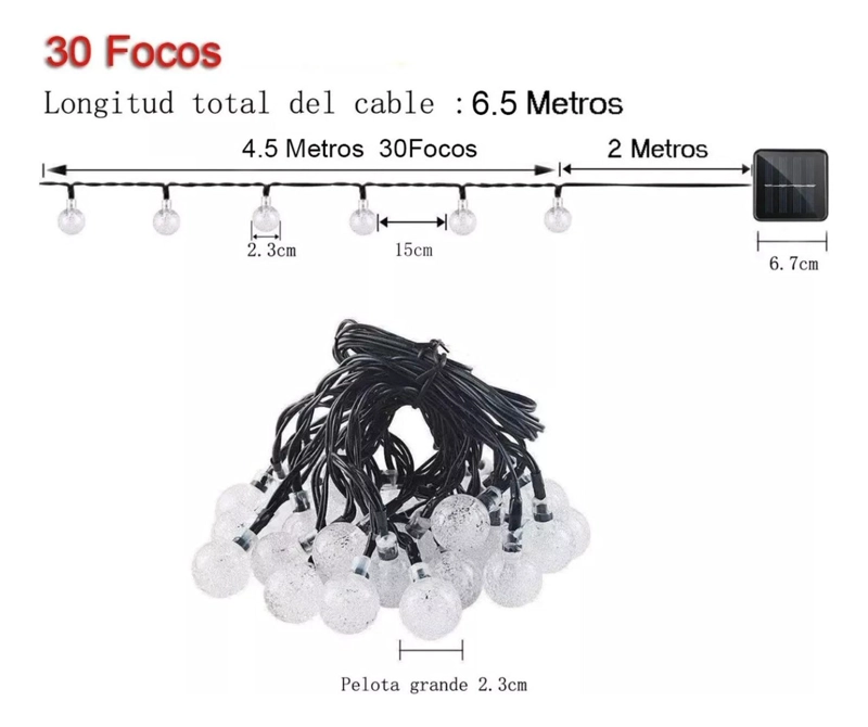 TIRA 30 LUCES SOLARES LED JARDIN HOGAR EXTERIORES 3V 6.5 M - 3