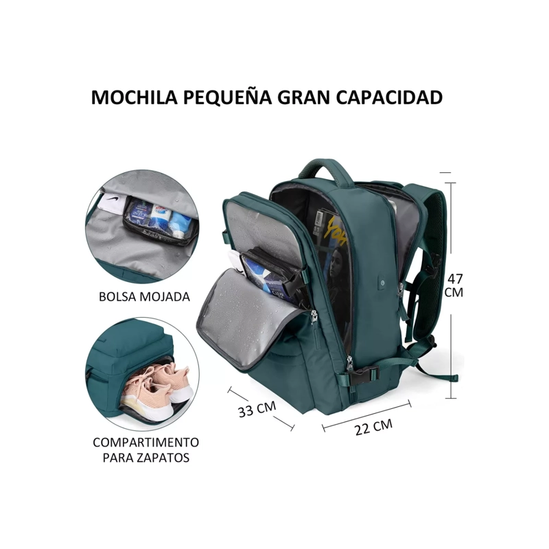 MOCHILA VIAJE GRAN CAPACIDAD USB TELA VERDE DLX - 4