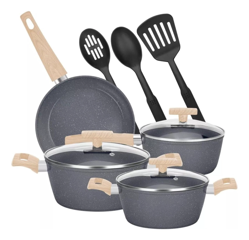 JUEGO BATERIA 10 PIEZAS COCINA GRANITO MENAJE ANTIADHERENTE PMM NEGRO - 1