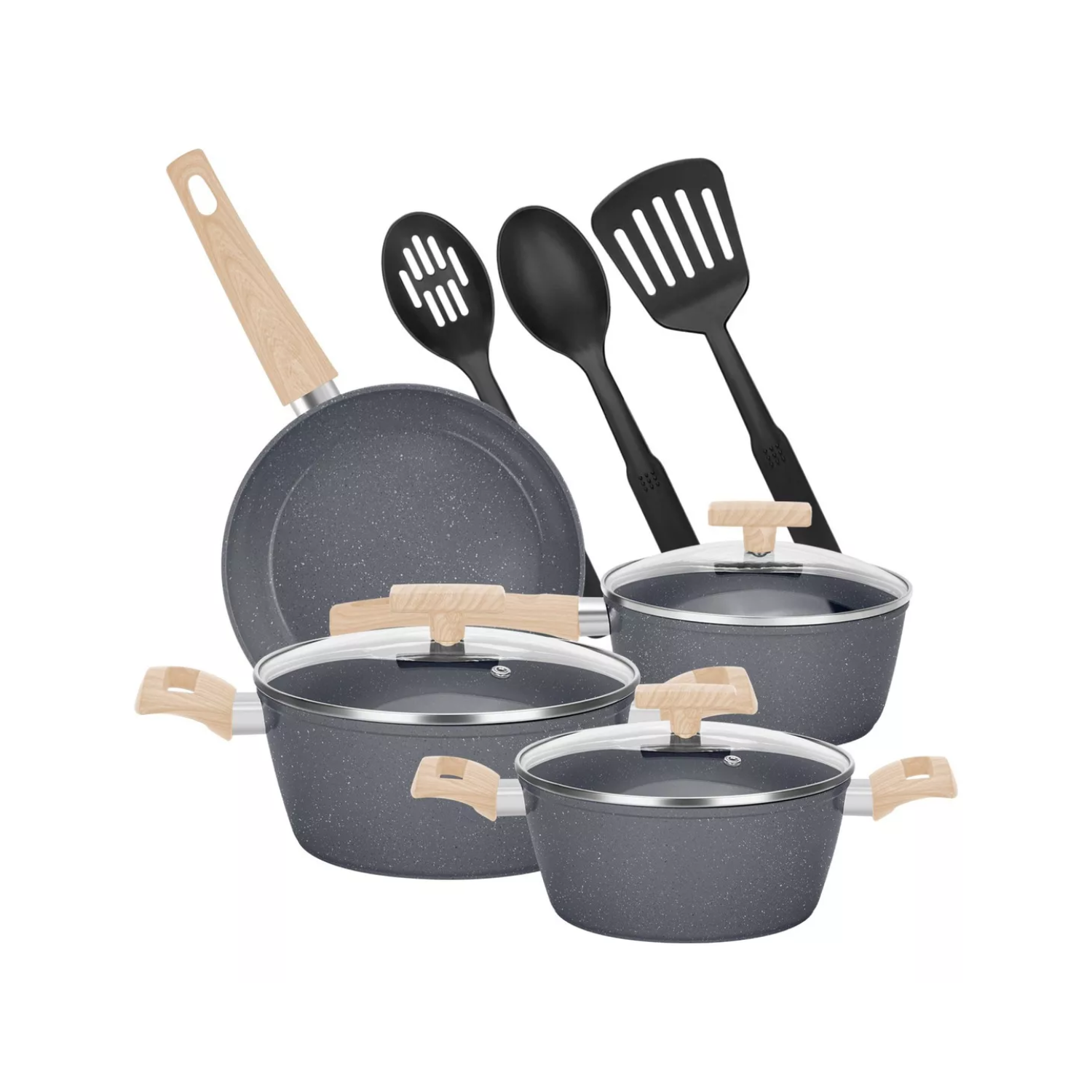 JUEGO BATERÍA 10 PIEZAS COCINA GRANITO MENAJE ANTIADHERENTE PMM NEGRO - 1
