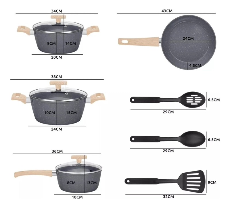 JUEGO BATERIA 10 PIEZAS COCINA GRANITO MENAJE ANTIADHERENTE PMM NEGRO - 2