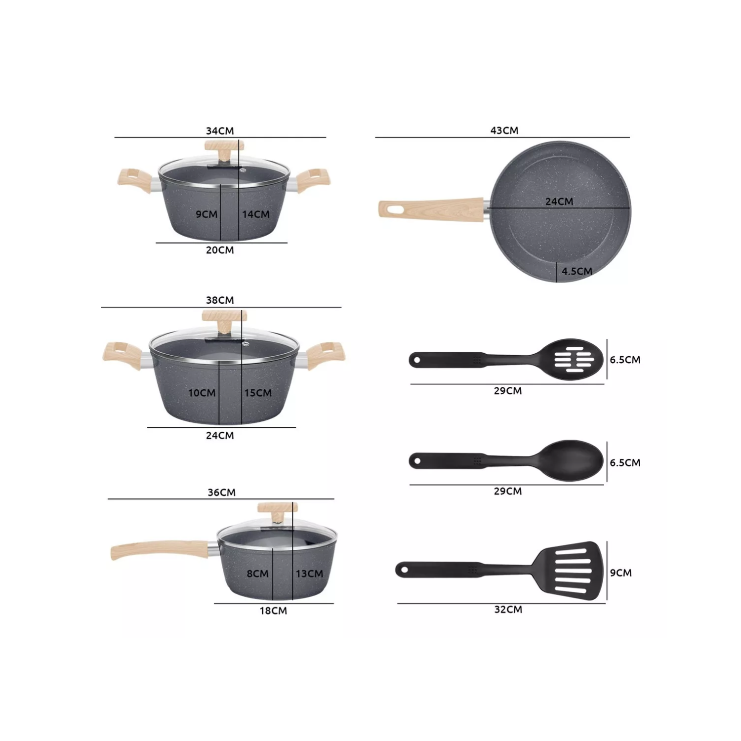 JUEGO BATERÍA 10 PIEZAS COCINA GRANITO MENAJE ANTIADHERENTE PMM NEGRO - 2