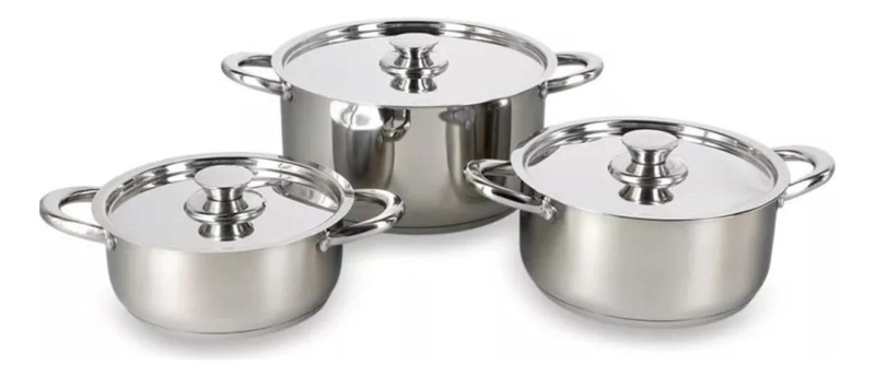 JUEGO BATERIA 6 PIEZAS OLLA COCINA ACERO INOXIDABLE PLATEADO