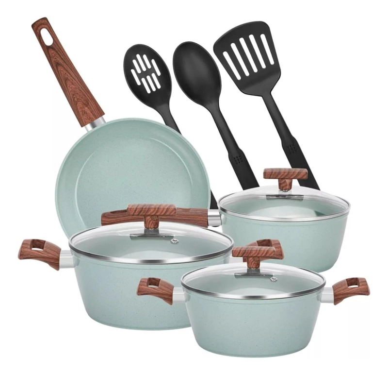 JUEGO BATERIA 10 PIEZAS COCINA GRANITO MENAJE ANTIADHERENTE PMM VERDE
