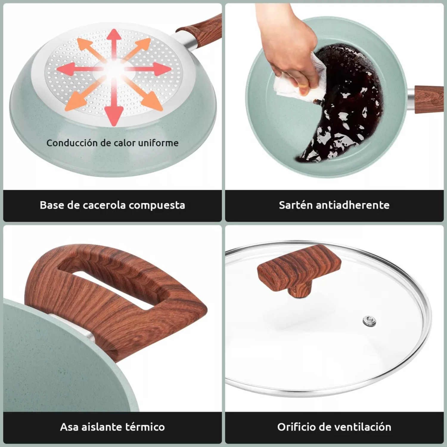 JUEGO BATERÍA 10 PIEZAS COCINA GRANITO MENAJE ANTIADHERENTE PMM VERDE - 3