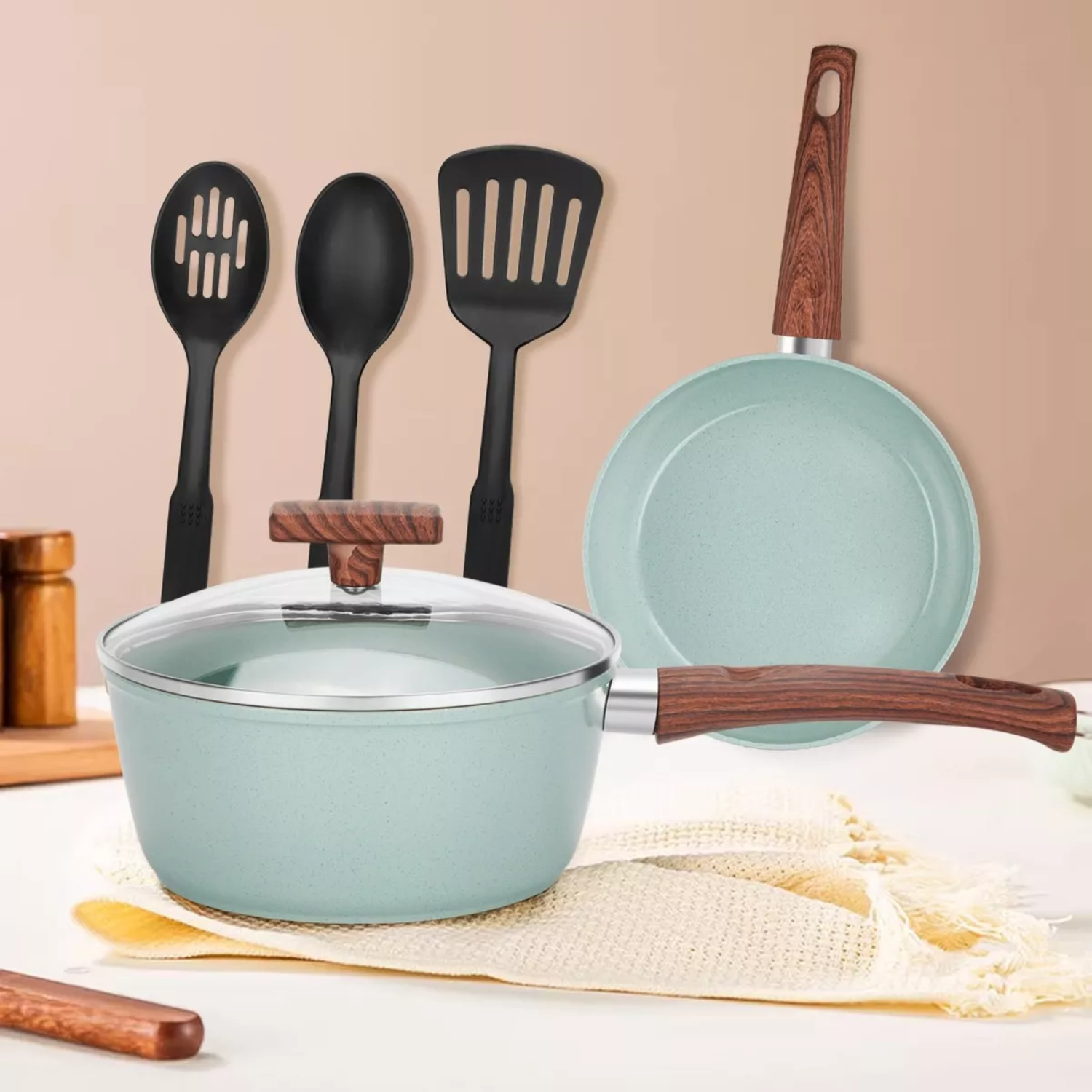 JUEGO BATERÍA 10 PIEZAS COCINA GRANITO MENAJE ANTIADHERENTE PMM VERDE - 5