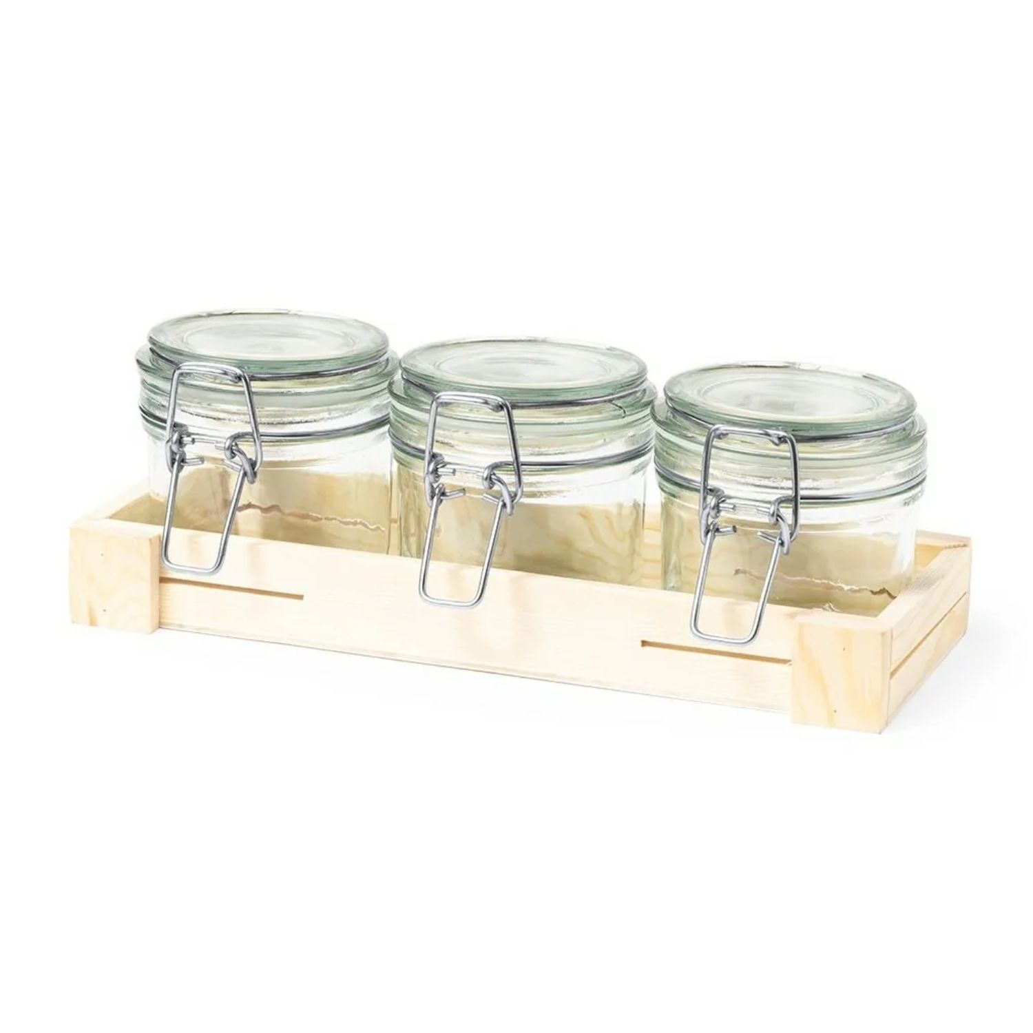 SET 3 FRASCOS CONTENEDORES VIDRIO BASE MADERA GAB 230 ML - 1