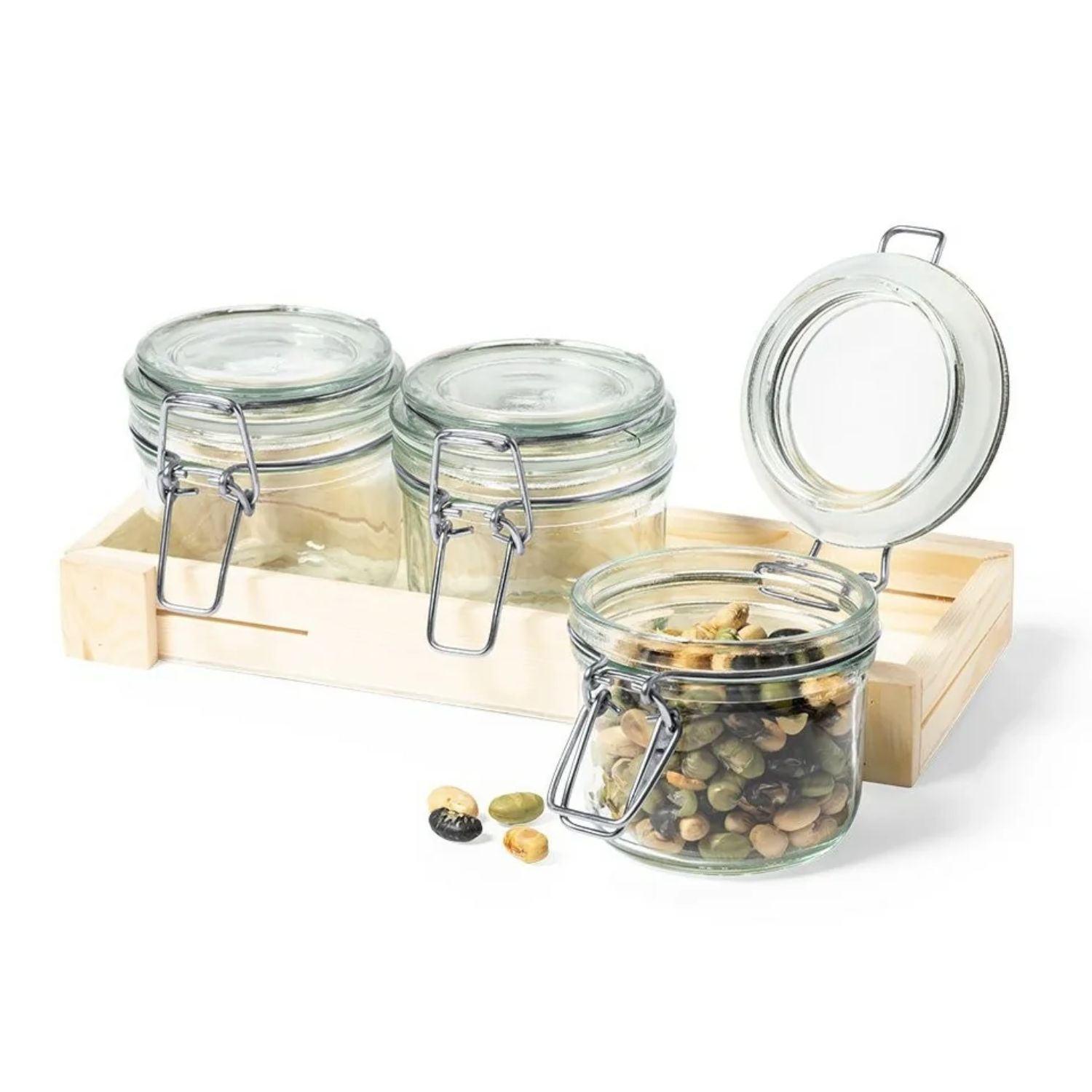 SET 3 FRASCOS CONTENEDORES VIDRIO BASE MADERA GAB 230 ML - 3