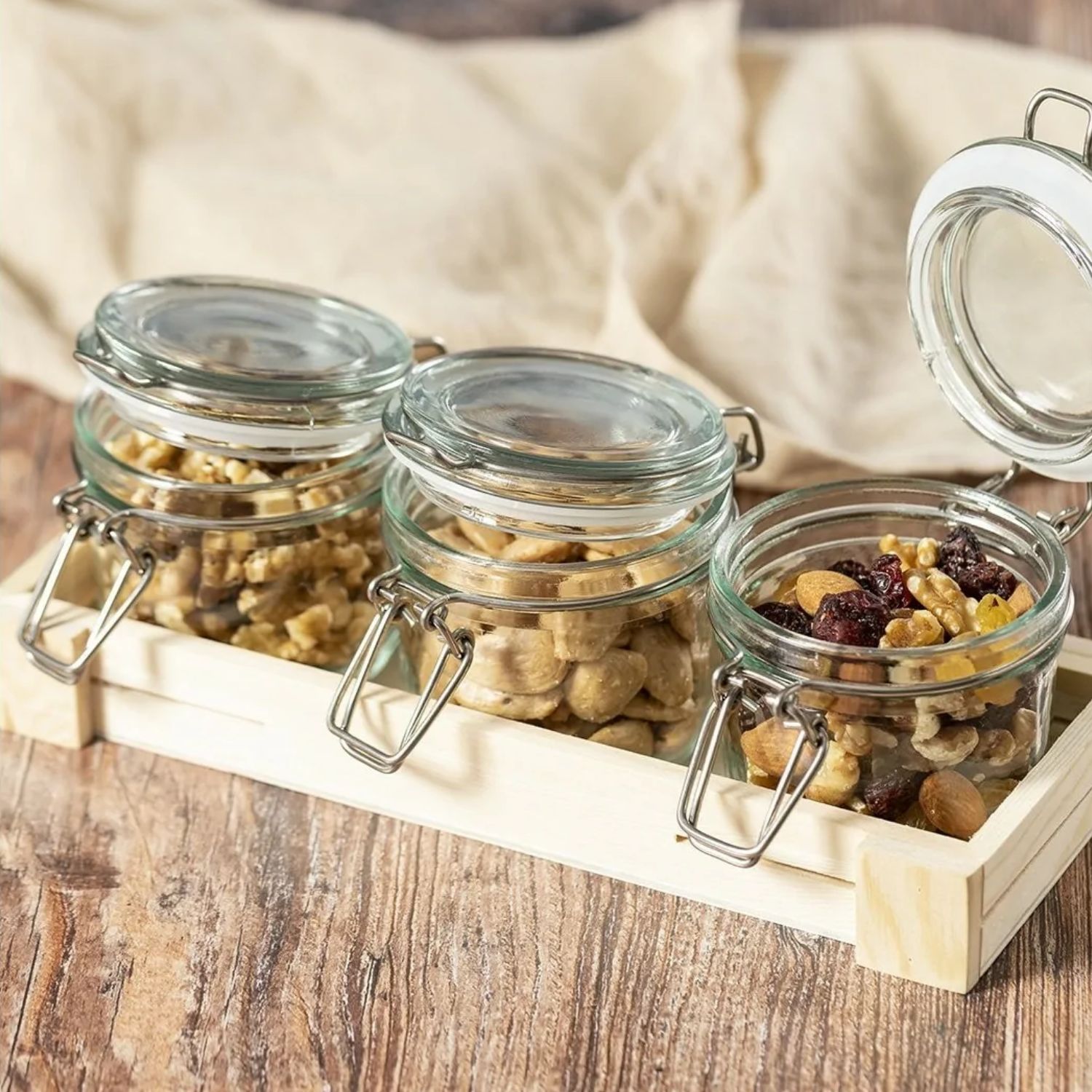 SET 3 FRASCOS CONTENEDORES VIDRIO BASE MADERA GAB 230 ML - 8