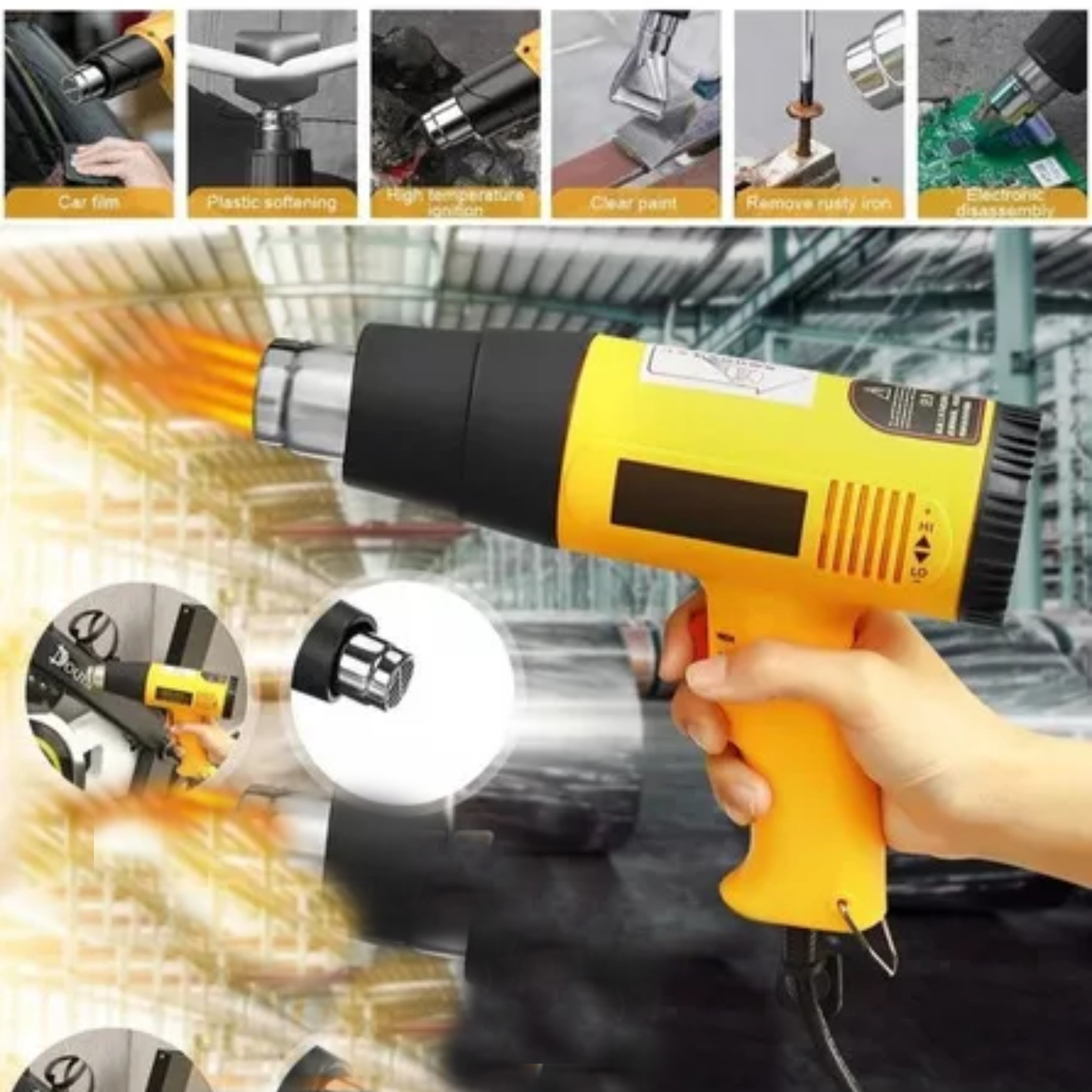 PISTOLA CALOR 2000 WATT AJUSTE FLUJO AIRE TEMPERATURA AMARILLA - 2