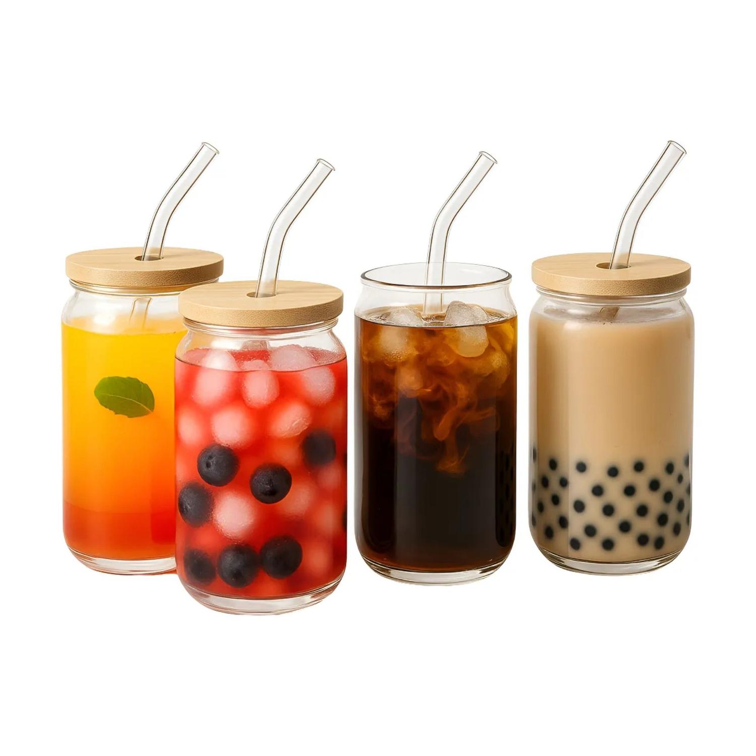 PACK 4 VASOS LATA VIDRIO REUTILIZABLE BOMBILLA 550 ML BAMBU - 1