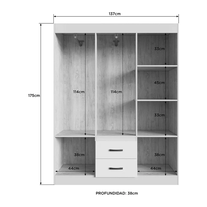 CLOSET RIVEIRA 6 PUERTAS 2 CAJONES 38X137X175 CM BLANCO - 3