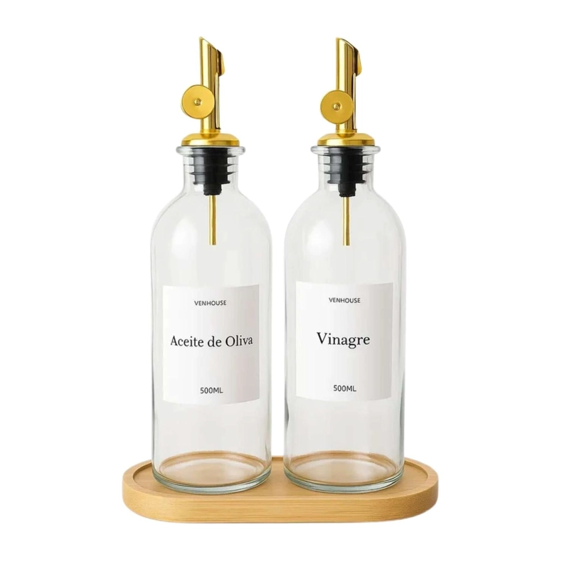 PACK 2 BOTELLAS VIDRIO ACEITE DISPENSADOR BASE BAMBU 500 ML - 1