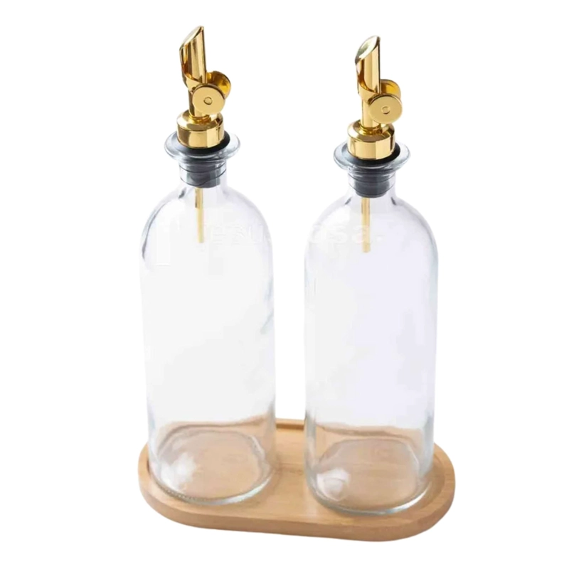 PACK 2 BOTELLAS VIDRIO ACEITE DISPENSADOR BASE BAMBU 500 ML - 2