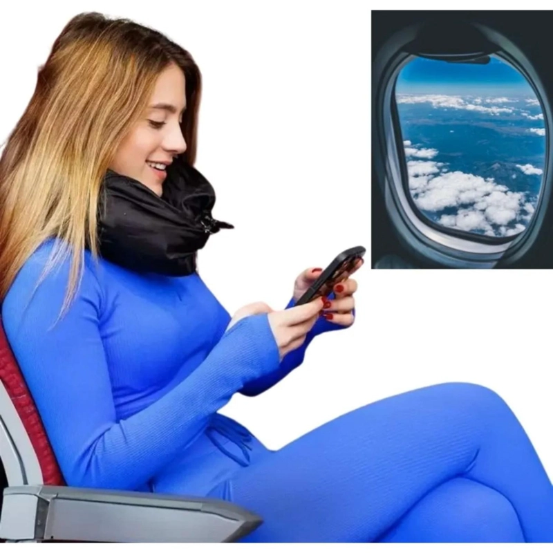 ALMOHADA CUELLO RELLENABLE VIAJES AHORRA ESPACIO AVION NEGRO - 5