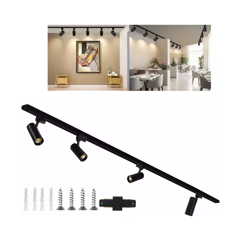 4 FOCO RIEL LUZ CALIDA 220 V 3000 K + RIEL MONOFASICO 2000 CM NEGRO - 3