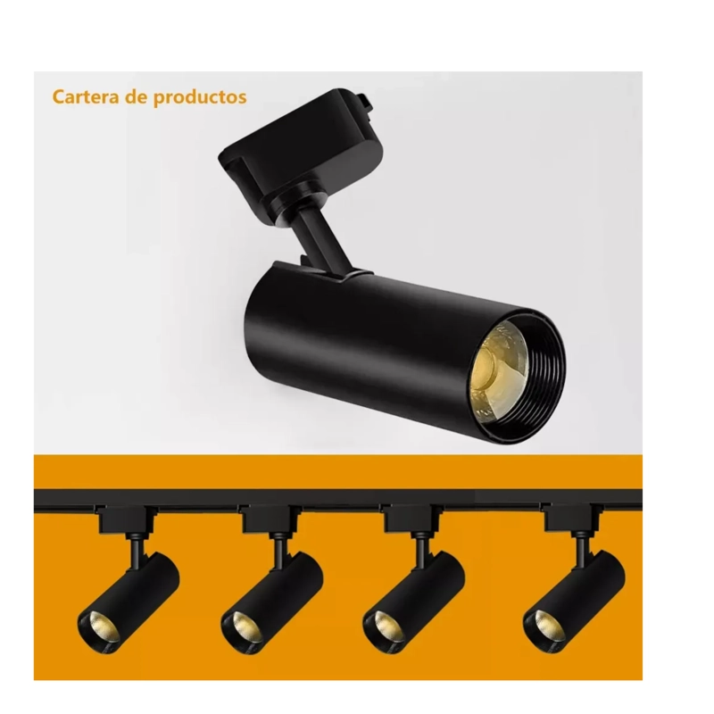 4 FOCO RIEL LUZ CALIDA 220 V 3000 K + RIEL MONOFASICO 2000 CM NEGRO - 4