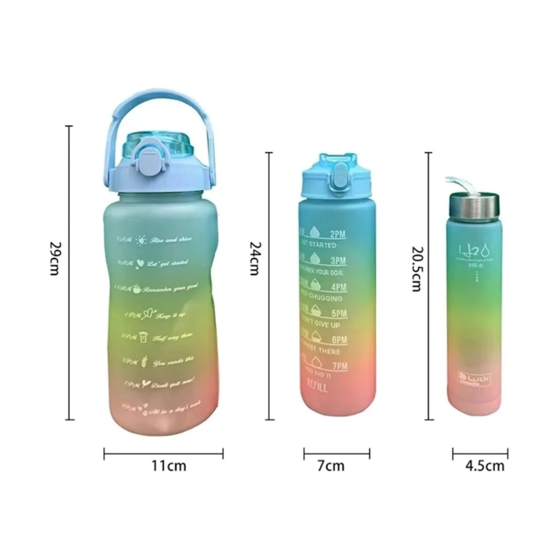 PACK 3 BOTELLAS AGUA PORTATIL MOTIVACION 2000 800 300 ML VERDE - 2