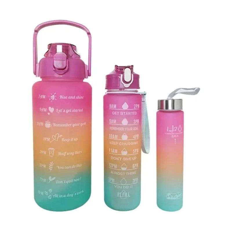 PACK 3 BOTELLAS AGUA PORTATIL MOTIVACION 2000 800 300 ML FUCSIA - 1