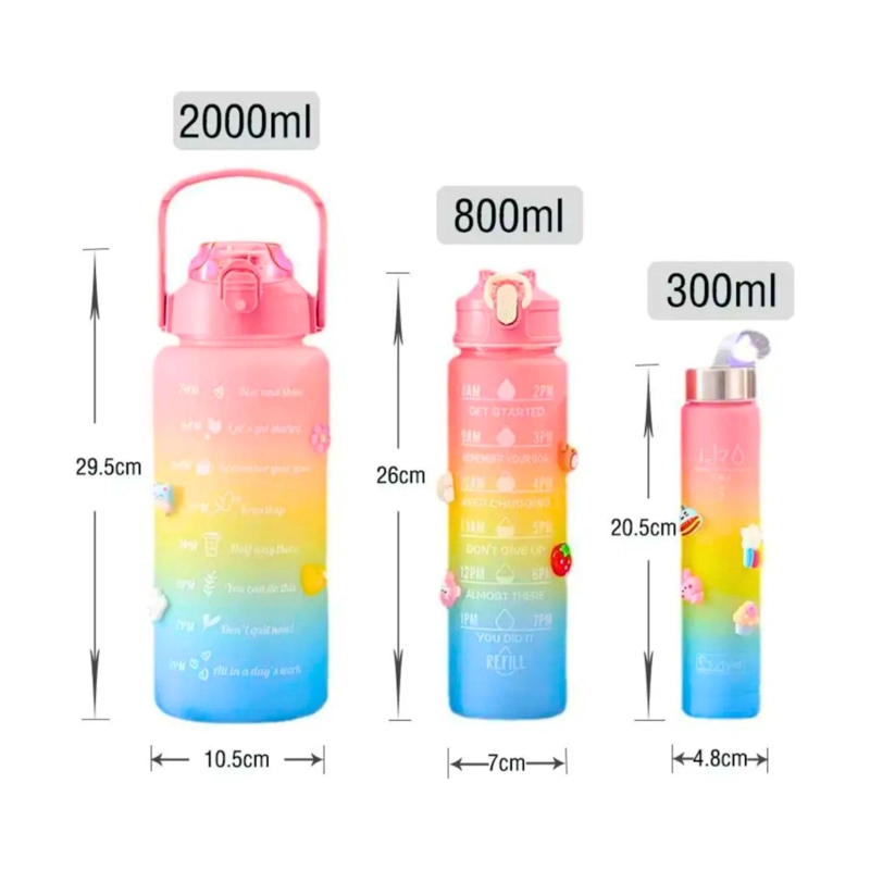 PACK 3 BOTELLAS AGUA PORTATIL MOTIVACION 2000 800 300 ML FUCSIA - 2