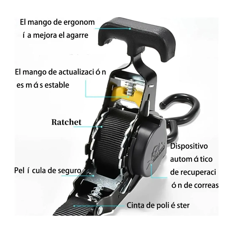 PACK 2 ESLINGA CORREA AMARRE RETRACTIL 2.5X3 MTS NEGRO - 4